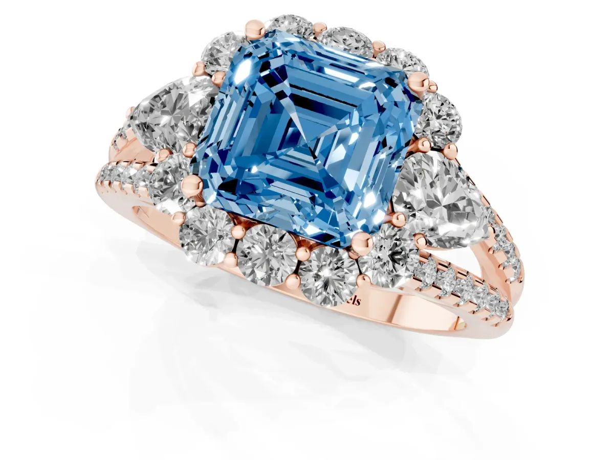 Fancy Blue Asscher Cut Halo Split Shank Diamond Engagement Ring with Prong Setting Rose gold