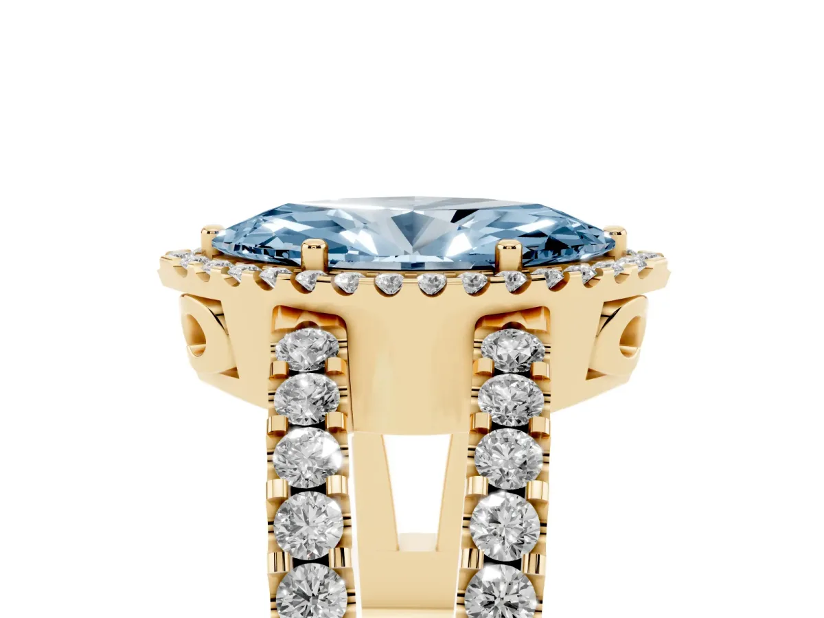 Fancy Blue Marquise Cut Cut Halo Split Shank Diamond Ring with Four-Prong Setting Yellow gold