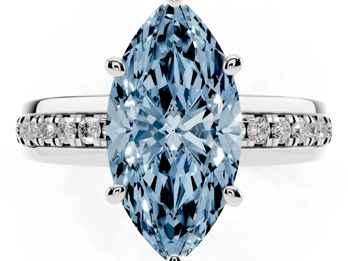 Fancy Blue Marquise Cut Solitaire Diamond Ring with Channel Set Band and Six-Prong Setting White gold