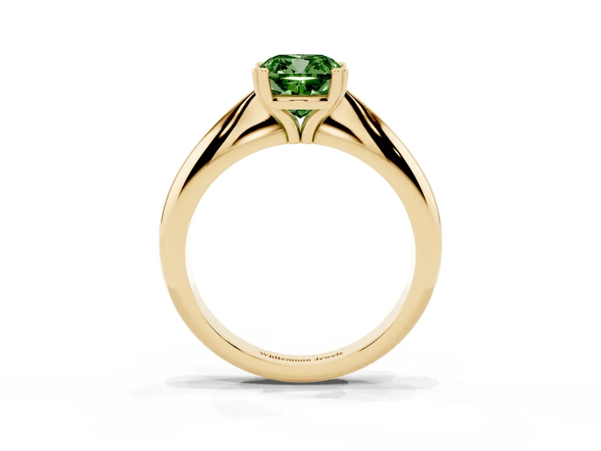Fancy Green Cushion Cut Cut Solitaire Engagement Ring with Tapered Band and Four-Prong Setting Yellow gold