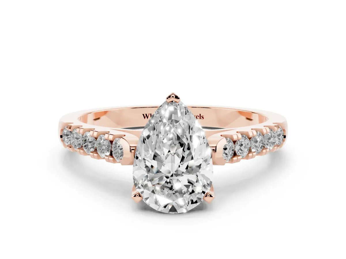 Pear Cut Diamond Pavé Band Solitaire Ring with Prong Setting Rose gold