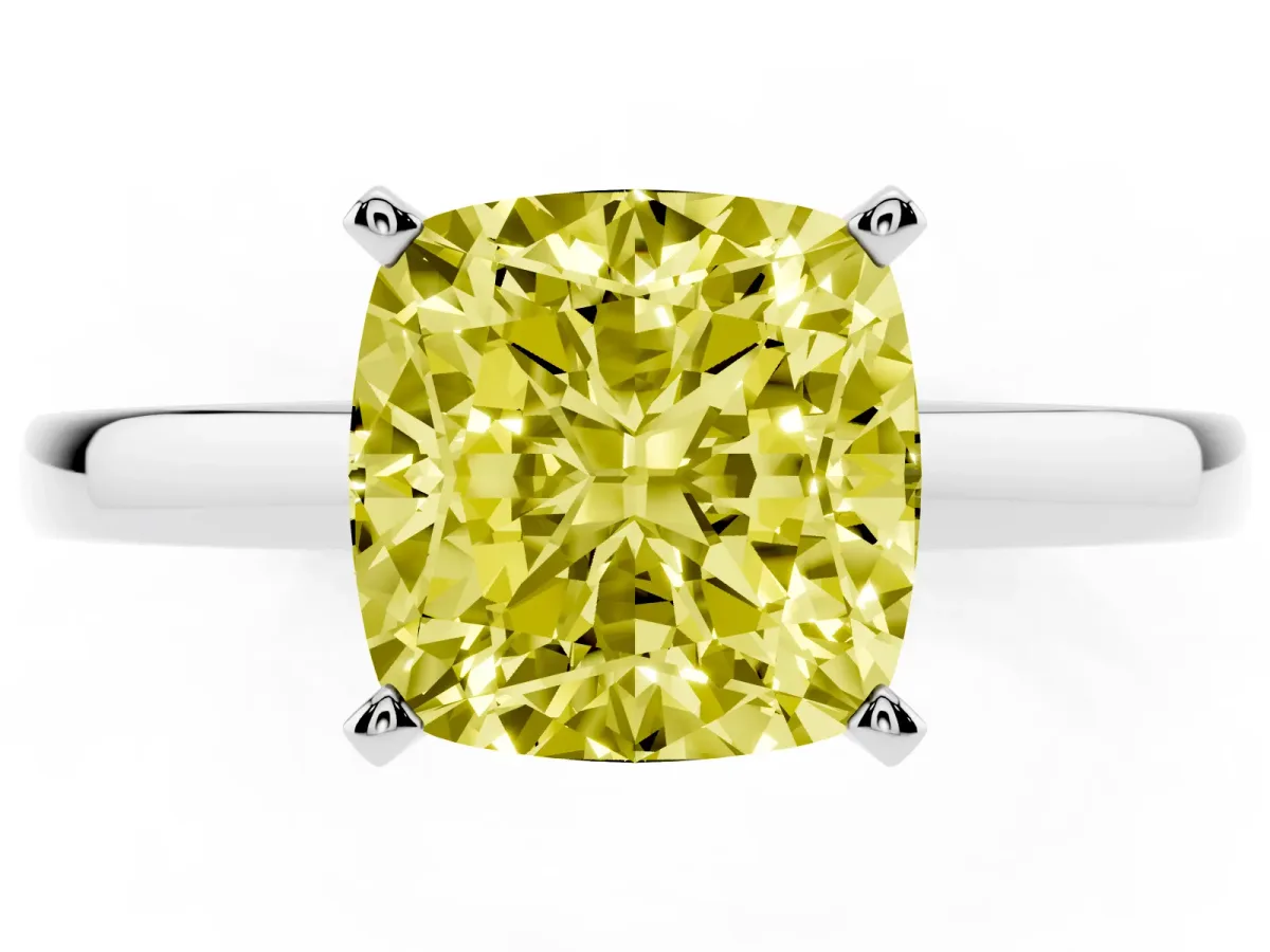 Fancy Yellow Cushion Cut Solitaire Diamond Engagement Ring with Four-Prong Setting on a Classic Band Silver