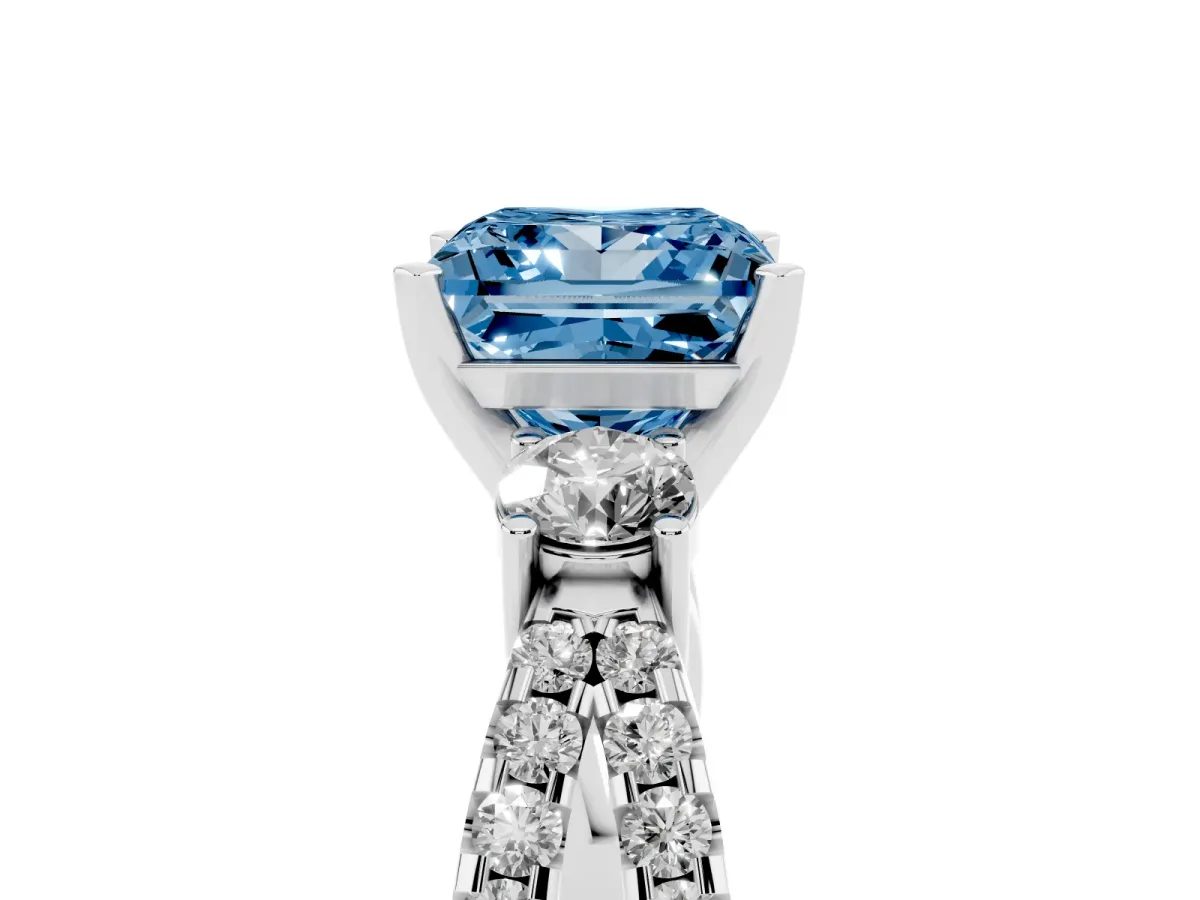 Fancy Blue Princess Cut Diamond Three-Stone Ring with Pavé Split Shank and Four-Prong Setting Silver
