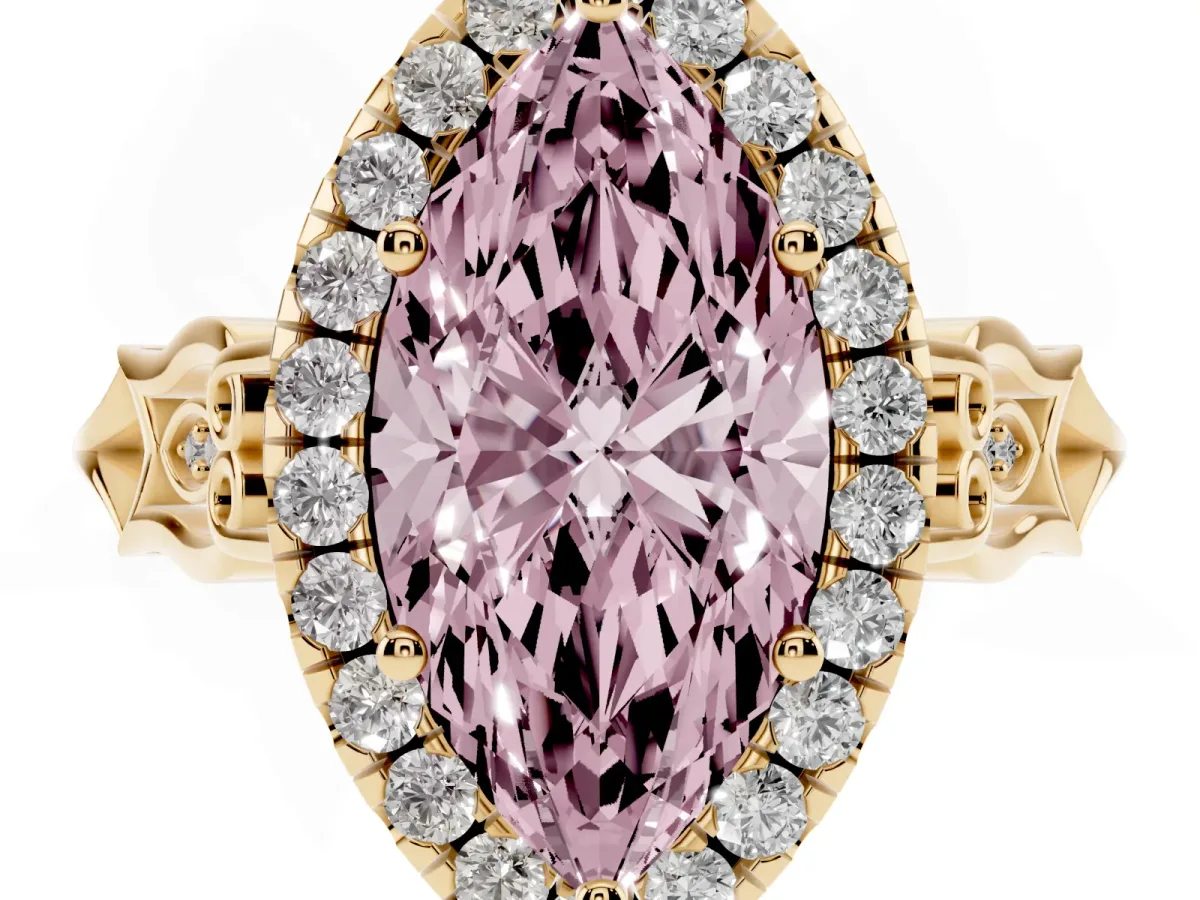 Fancy Pink Marquise Cut Halo Diamond Engagement Ring with Filigree Band and Four-Prong Setting Yellow gold