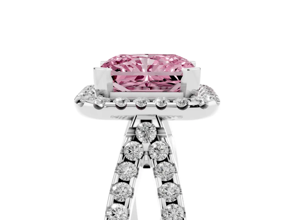 Fancy Pink Radiant Cut Diamond Halo Ring with Split Shank Pavé Band and Prong Setting Silver