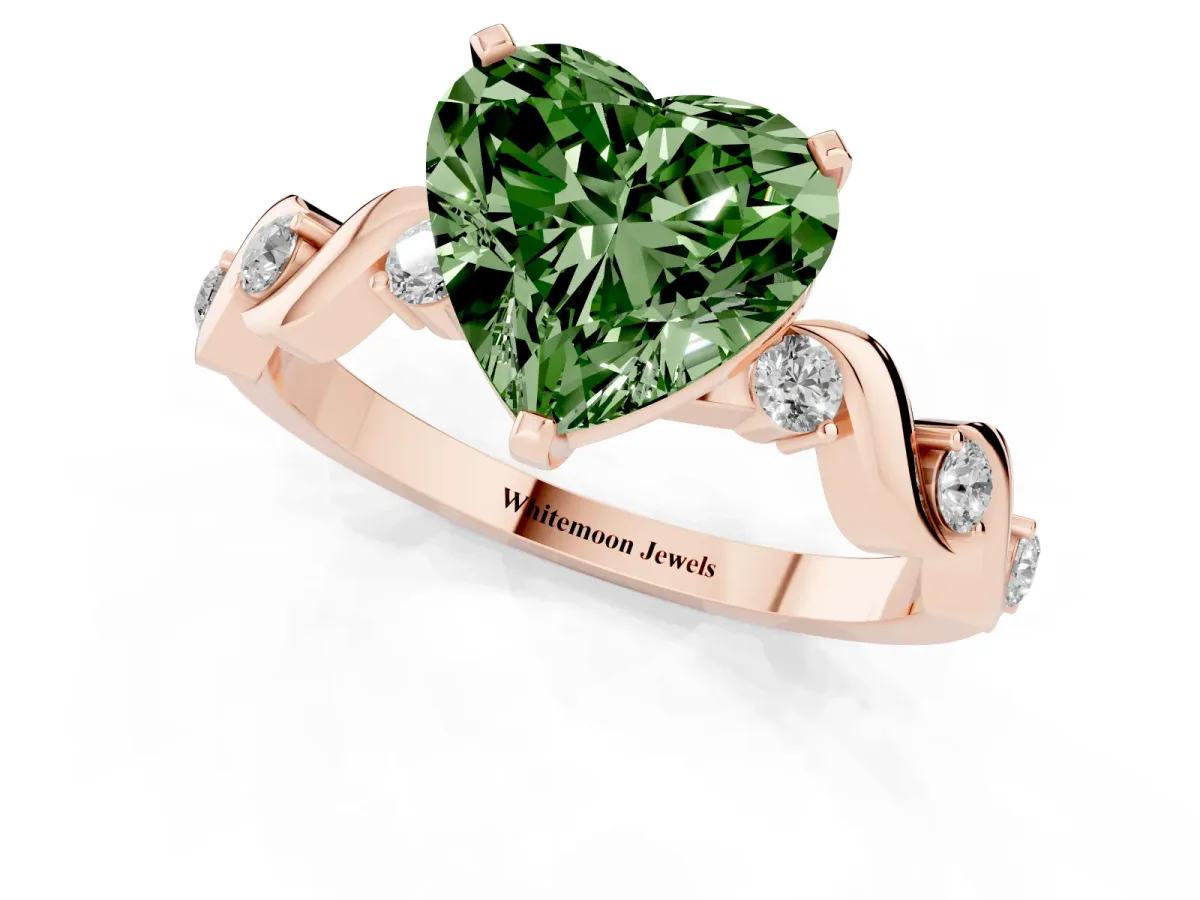 Fancy Green Heart Cut Diamond Solitaire Twisted Band with Round Accents and Prong Setting Rose gold