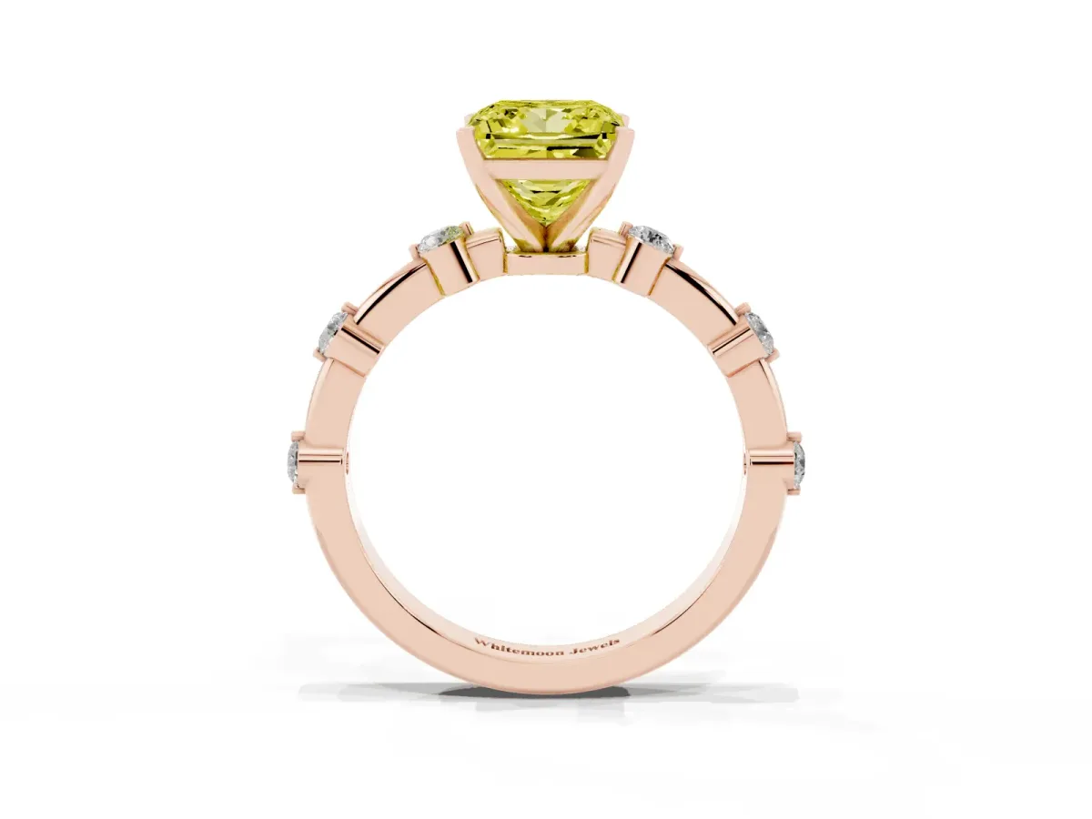 Fancy Yellow Princess Cut Solitaire Diamond Ring with Bezel Set Side Stones and Prong Setting Rose gold