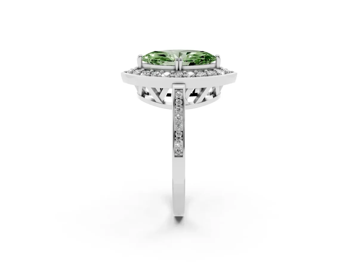 Fancy Green Marquise Cut Diamond Halo Ring with Split Shank and Four-Prong Setting Silver