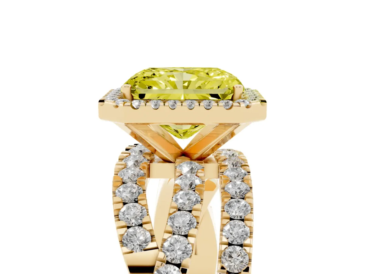 Fancy Yellow Radiant Cut Diamond Halo Ring with Round Split Shank and Prong Setting Yellow gold