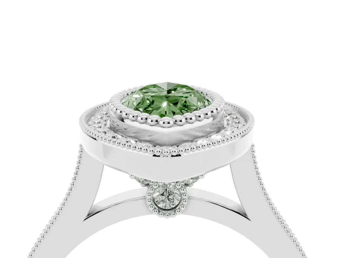 Fancy Green Marquise Cut Diamond Halo Ring with Milgrain Frame and Pavé Band Silver