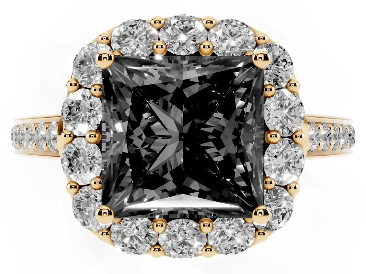 Fancy Black Princess Cut Diamond Floral Halo Ring with Pavé Band and Prong Setting Yellow gold