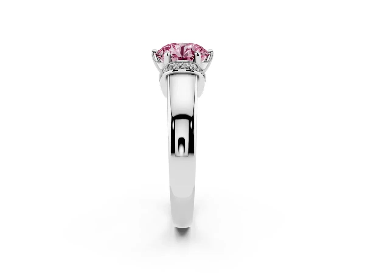 Fancy Pink Round Cut Solitaire Diamond Ring with Pave Band and Six-Prong Setting Silver