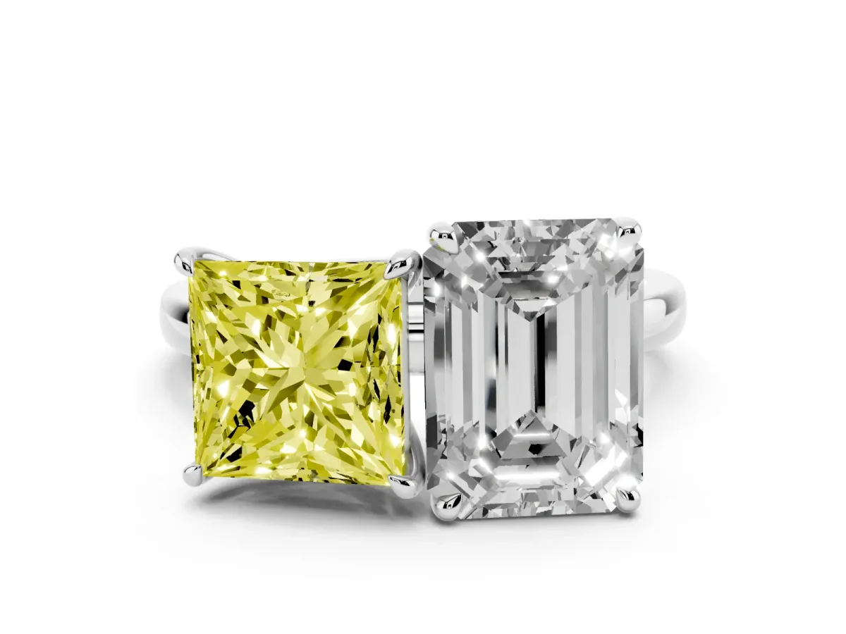 Fancy Yellow Princess Cut and Emerald Cut Toi Moi Ring with Prong Setting Silver