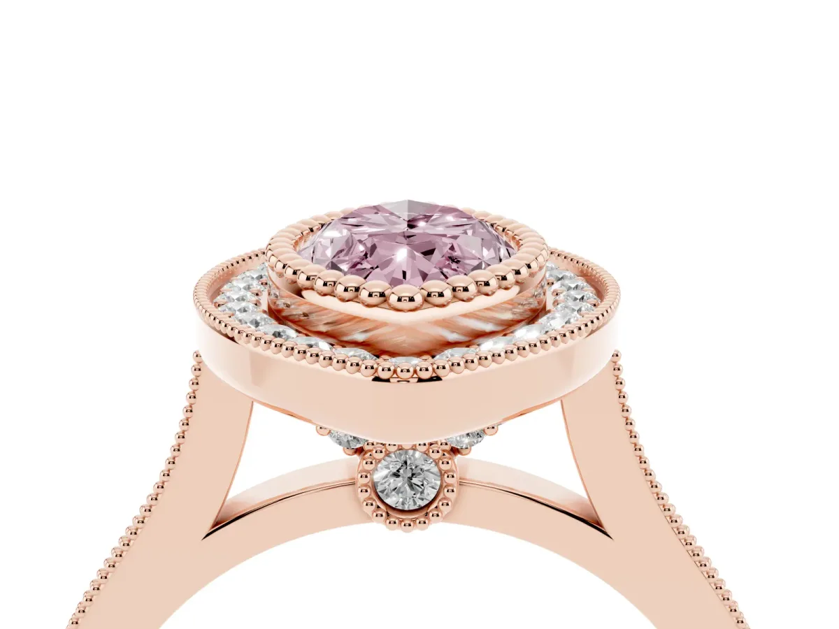 Fancy Pink Marquise Cut Diamond Halo Ring with Milgrain Frame and Pavé Band Rose gold