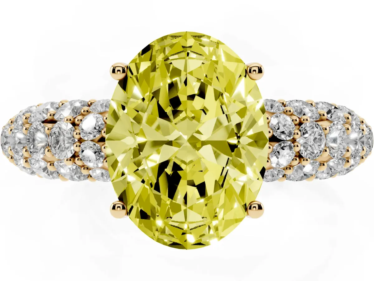 Fancy Yellow Oval Cut Diamond Pavé Band Solitaire Ring with Four-Prong Setting Yellow gold