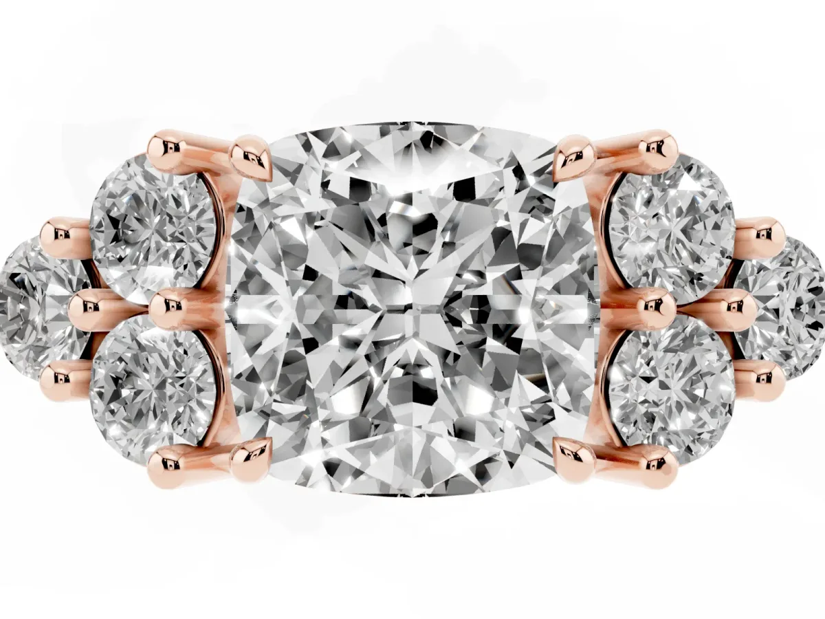 Cushion Cut Brilliant Diamond Cluster Accent Solitaire Ring with Prong Setting Rose gold