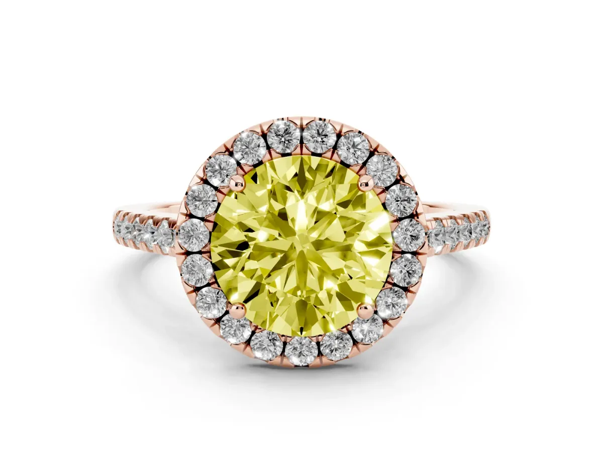 Fancy Yellow Round Cut Halo Pave Diamond Engagement Ring with Four-Prong Setting Rose gold
