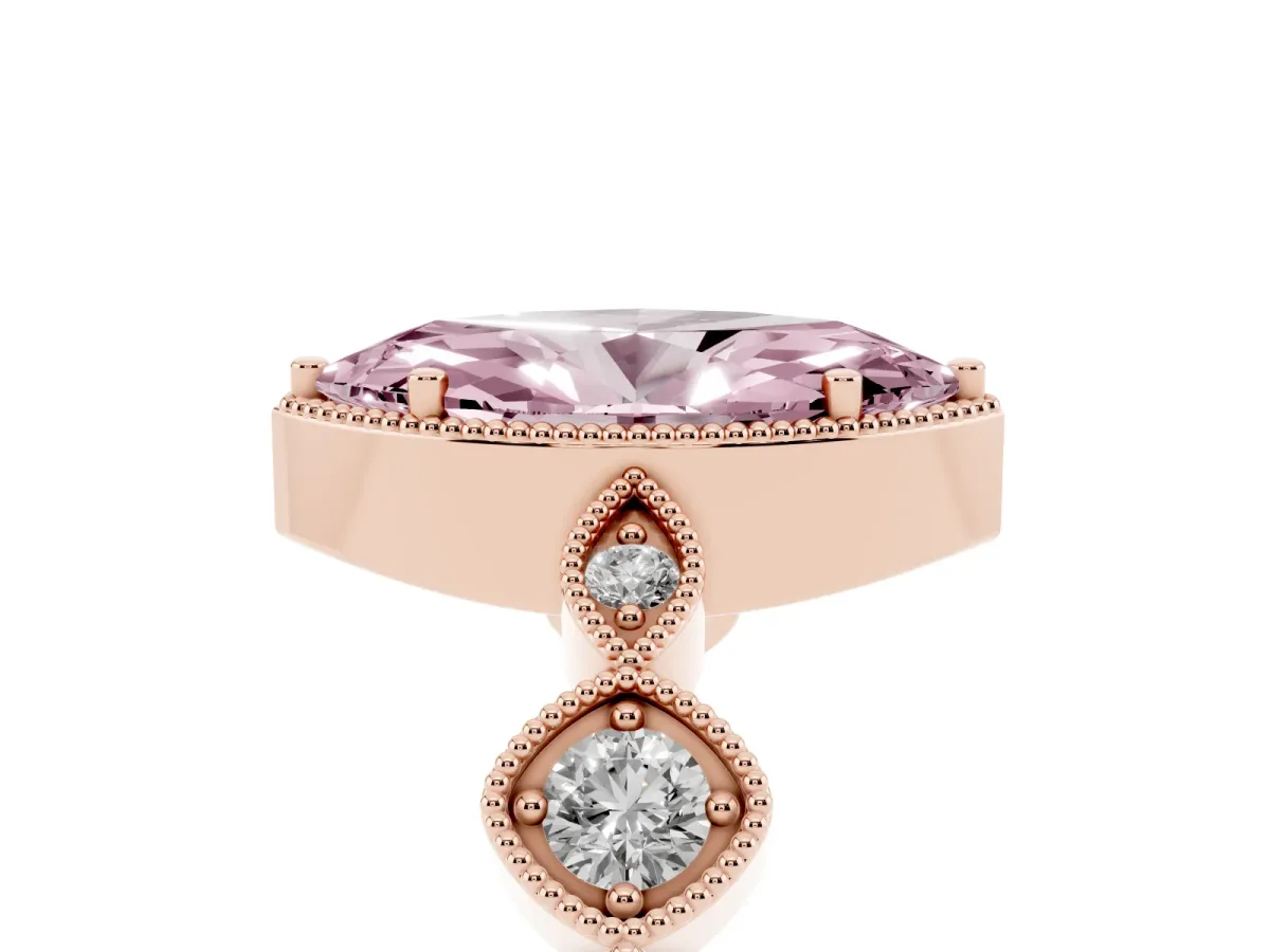Fancy Pink Marquise Cut Diamond Vintage Milgrain Ring with Round Stations Rose gold