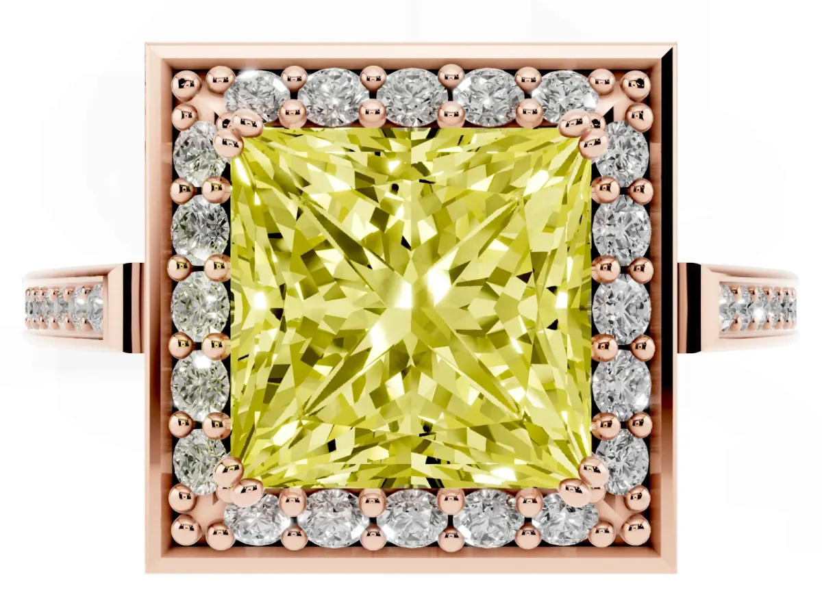 Fancy Yellow Princess Cut Diamond Halo Ring with Split Shank and Four-Prong Setting Rose gold