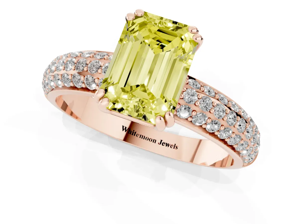 Fancy Yellow Emerald Cut Diamond Solitaire Ring with Multi-Row Round Pavé Band and Prong Setting Rose gold