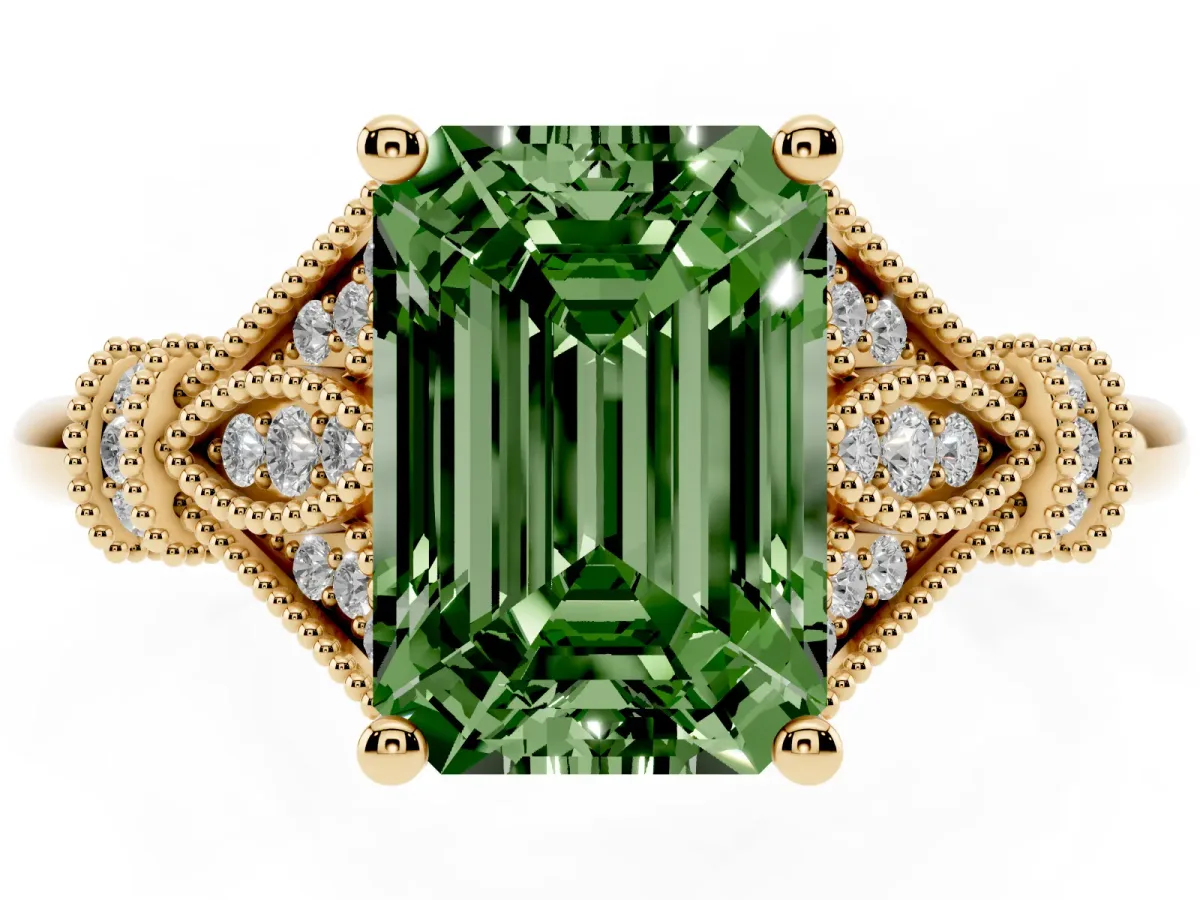 Fancy Green Emerald Cut Diamond Solitaire Ring with Floral Filigree and Pave Accents Yellow gold