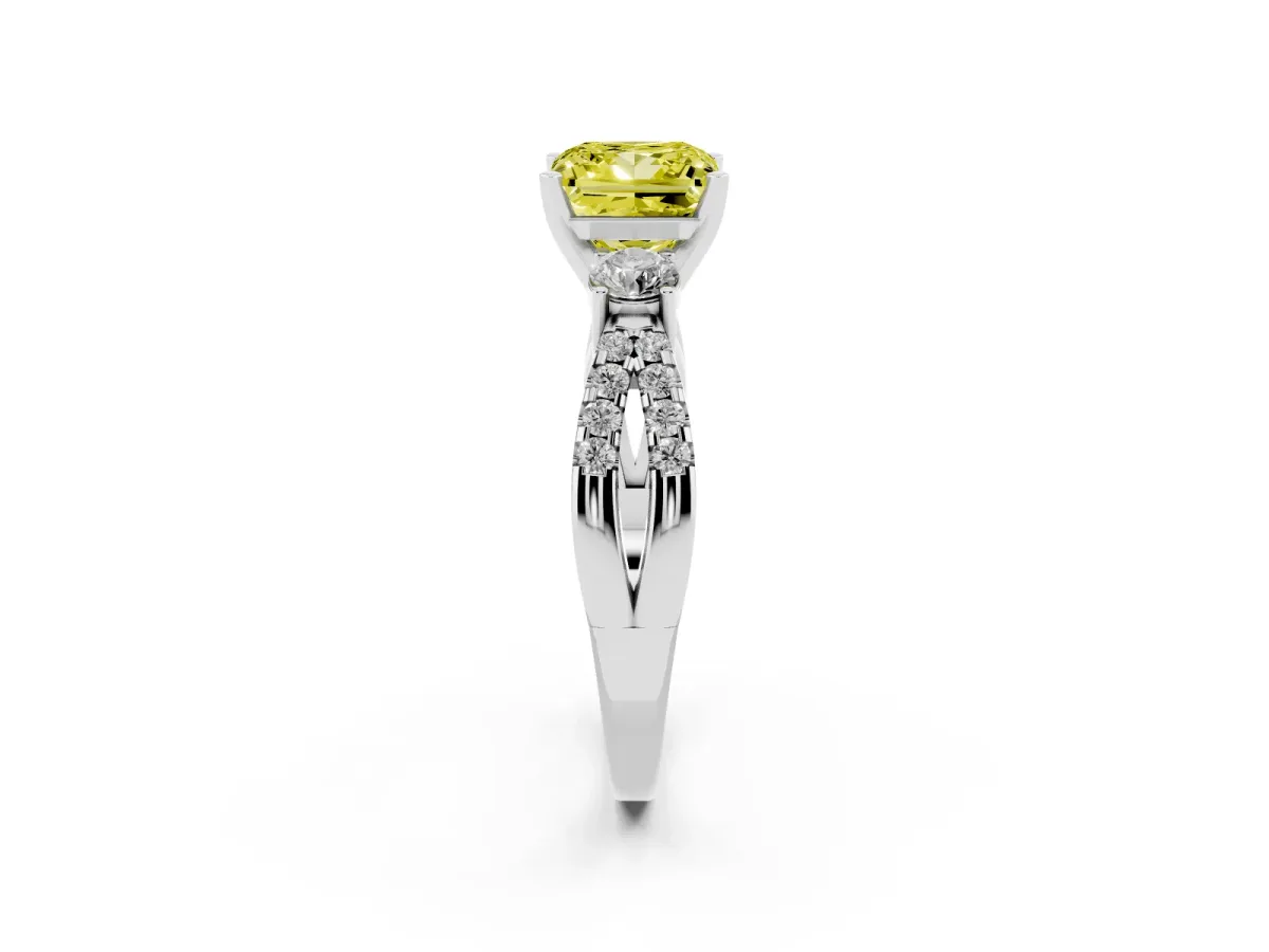 Fancy Yellow Princess Cut Diamond Three-Stone Ring with Pavé Split Shank and Four-Prong Setting Platinum