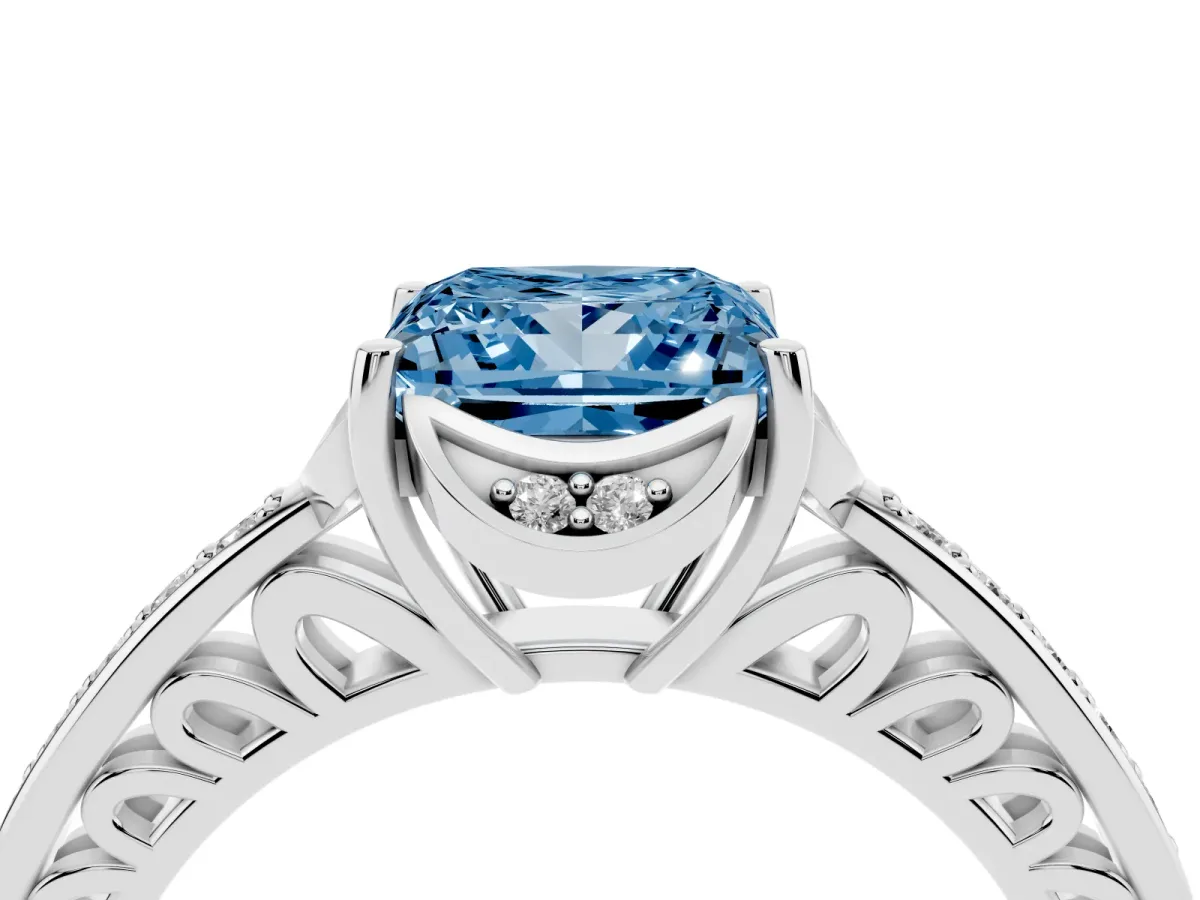 Fancy Blue Princess Cut Cut Halo Diamond Ring with Channel Set Band and Four-Prong Setting Silver