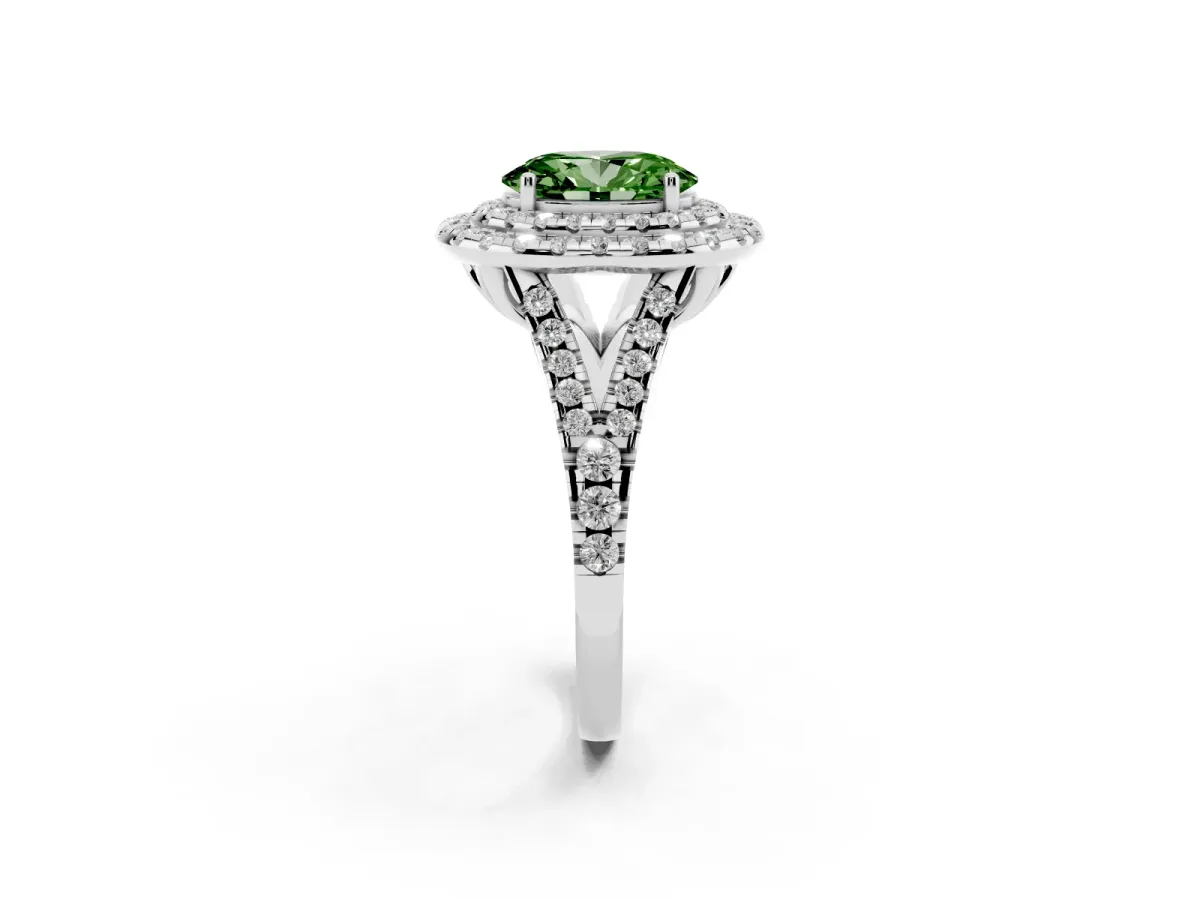 Fancy Green Double Halo Oval Cut Diamond Pavé Split Shank Ring with Prong Setting White gold
