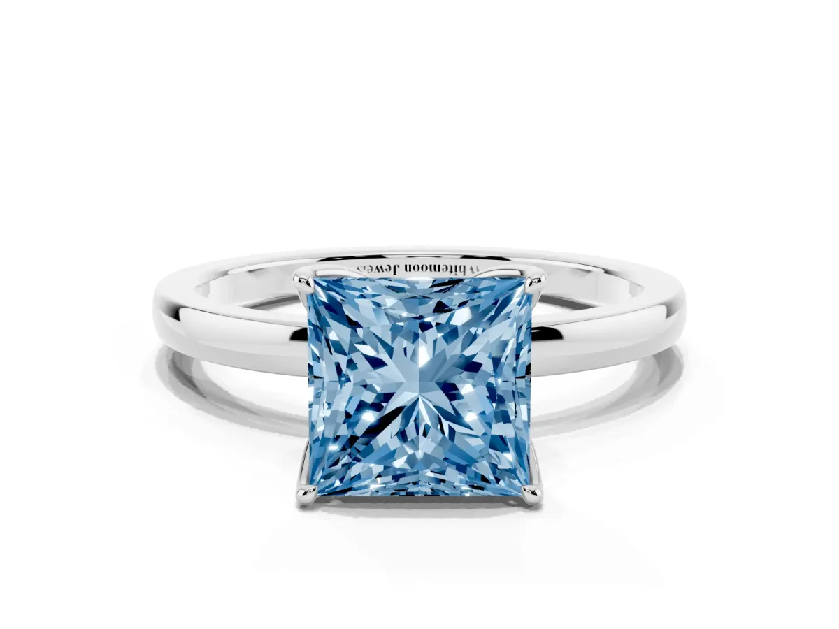 Fancy Blue Princess Cut Diamond Solitaire Ring with Thin Band and Prong Setting Platinum