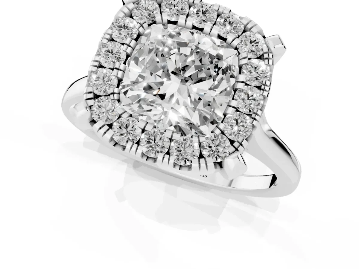 Cushion Cut Diamond Cluster Halo Solitaire with Four-Prong Setting Platinum