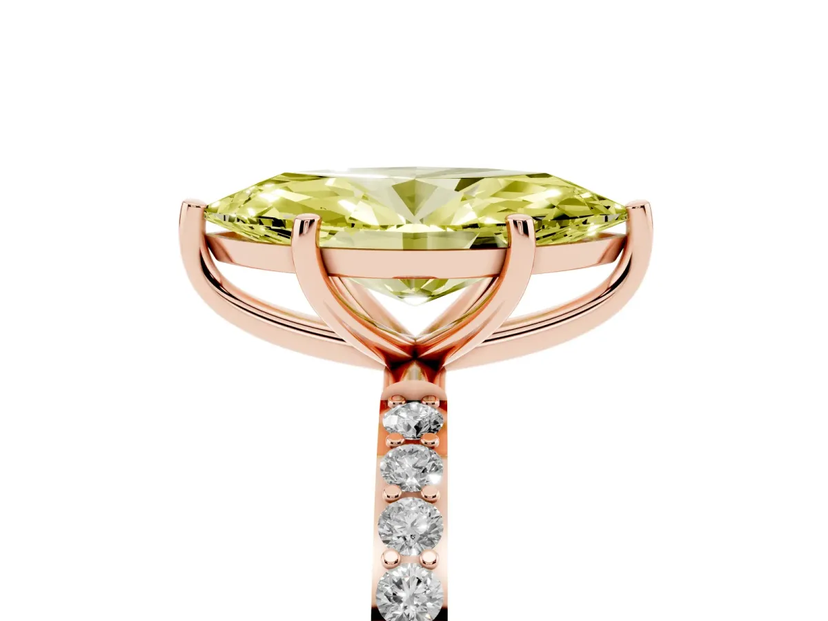 Fancy Yellow Marquise Cut Diamond Solitaire Ring with Round Pavé Shoulders and Prong Setting Rose gold