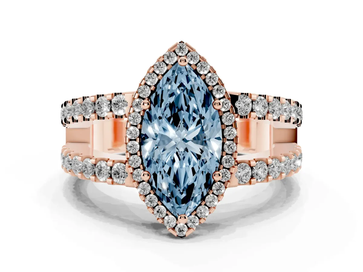 Fancy Blue Marquise Cut Cut Halo Split Shank Diamond Ring with Four-Prong Setting Rose gold
