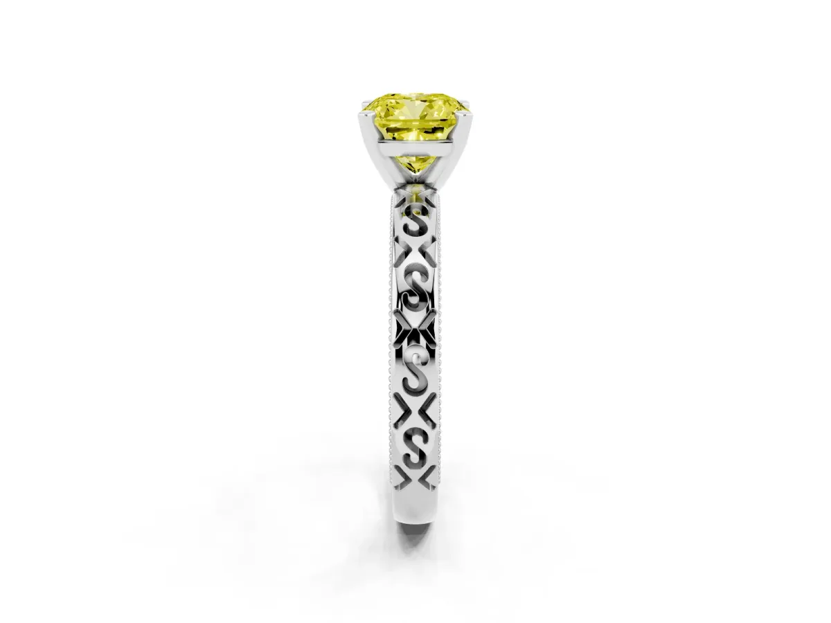 Fancy Yellow Cushion Cut Solitaire Engagement Ring with Scrollwork Band and Four-Prong Setting White gold