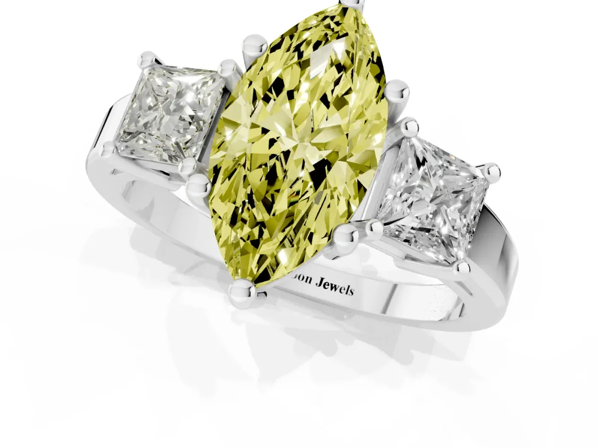 Fancy Yellow Three-Stone Marquise Cut Cut Solitaire Ring with Prong Setting Silver