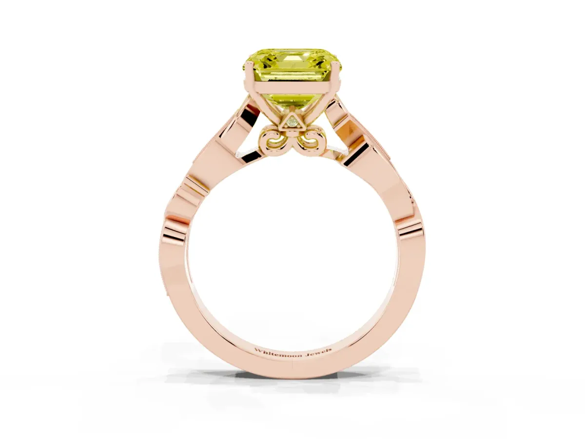 Fancy Yellow Asscher Cut Solitaire Vine Band with Milgrain Prong Setting Rose gold