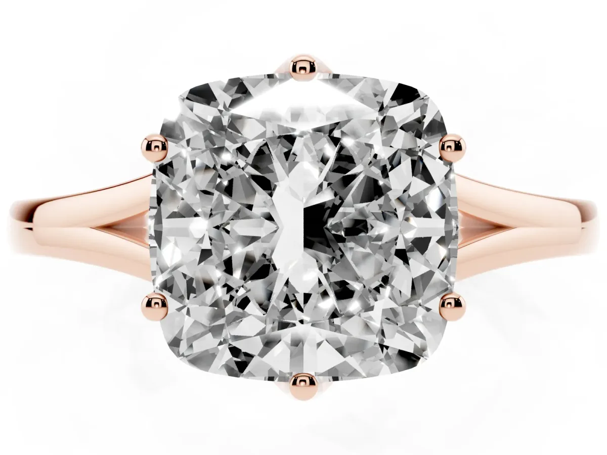 Cushion Cut Solitaire Diamond Ring with Six-Prong Setting and Tapered Band Rose gold