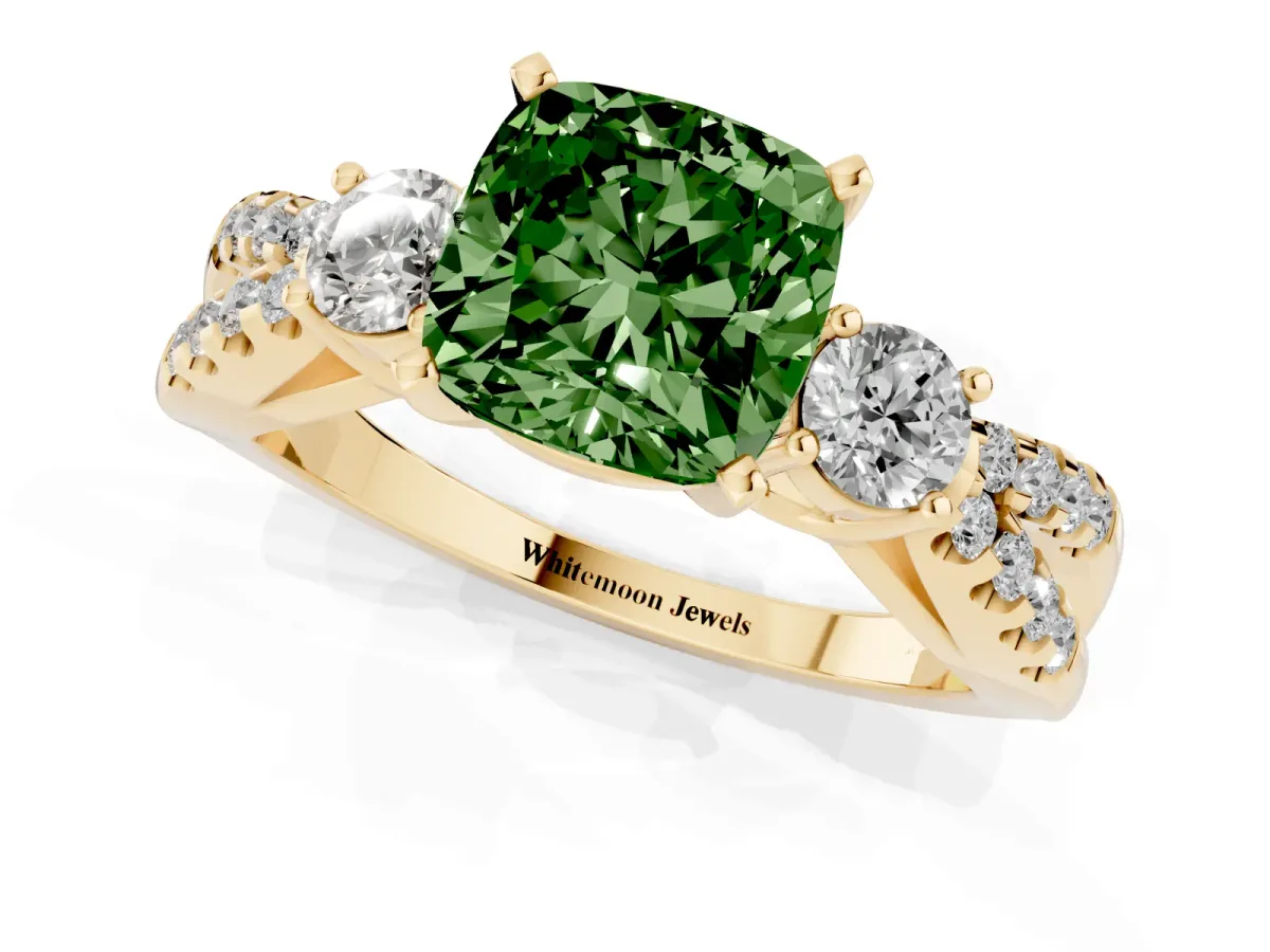 Fancy Green Cushion Cut Diamond Three-Stone Ring with Pavé Split Shank and Four-Prong Setting Yellow gold