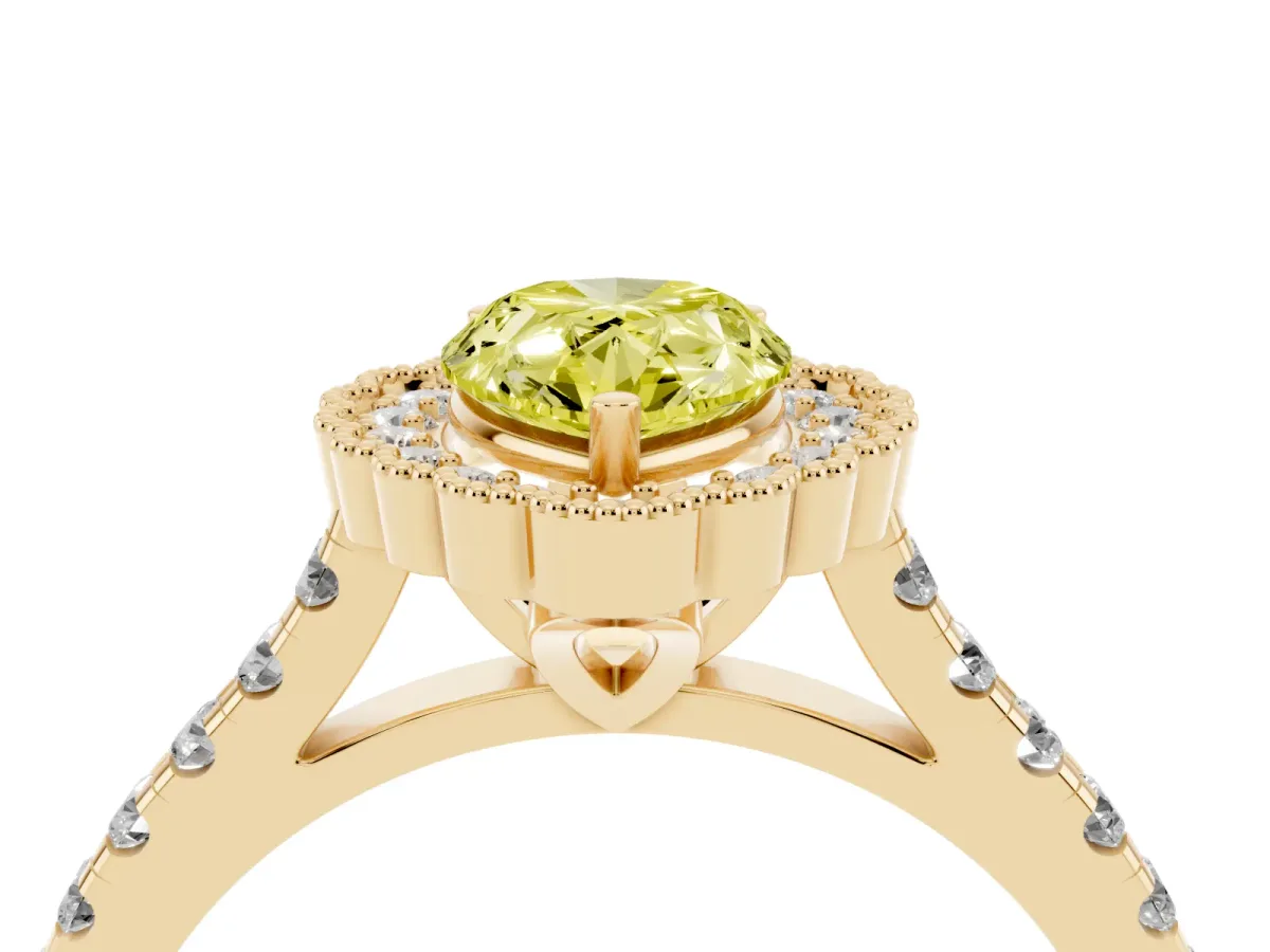 Fancy Yellow Pear Cut Cut Diamond Milgrain Floral Halo Engagement Ring with Pavé Band Yellow gold