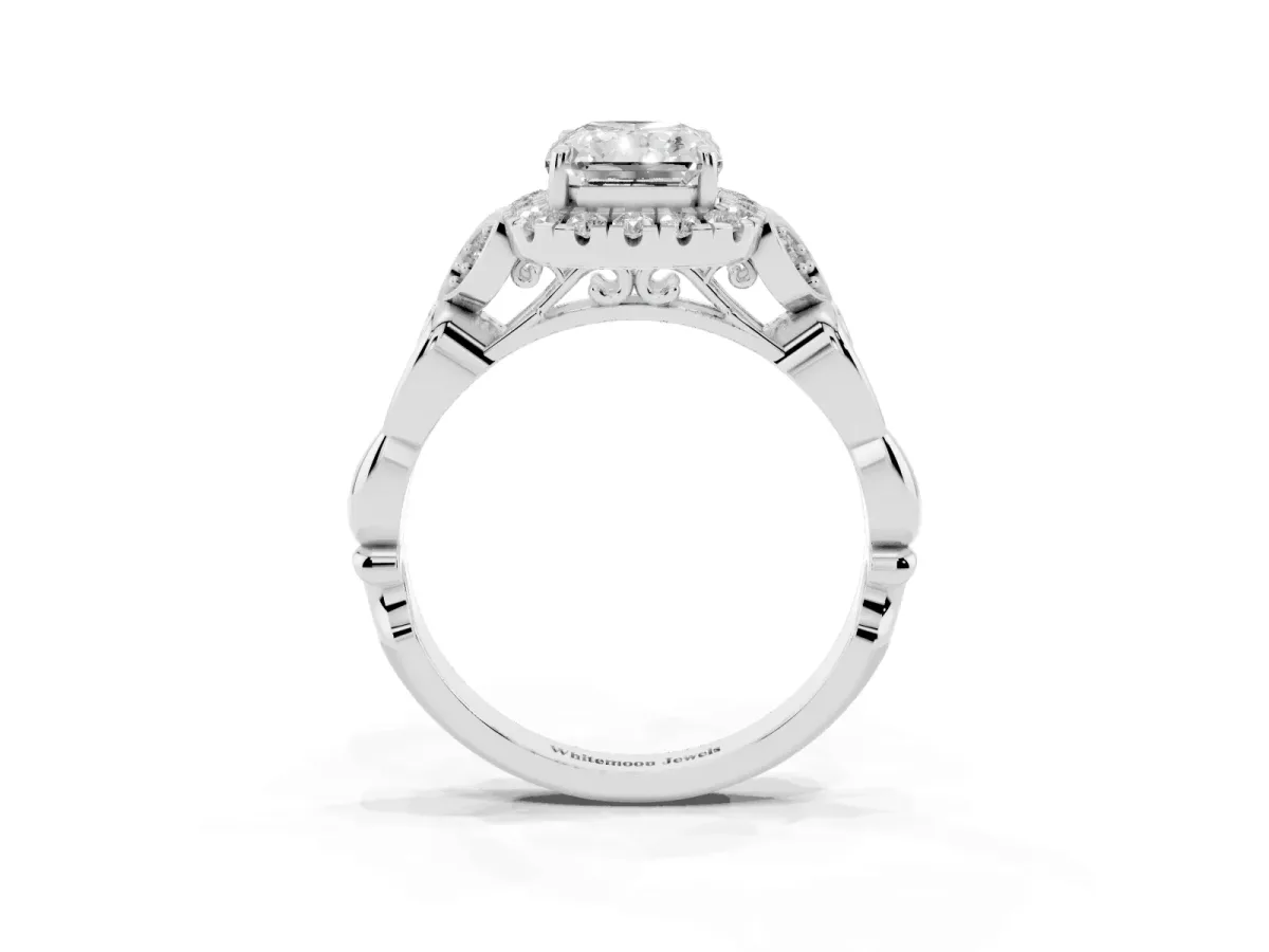 Radiant Cut Halo Diamond Engagement Ring with Vintage-Inspired Band and Four-Prong Setting White gold