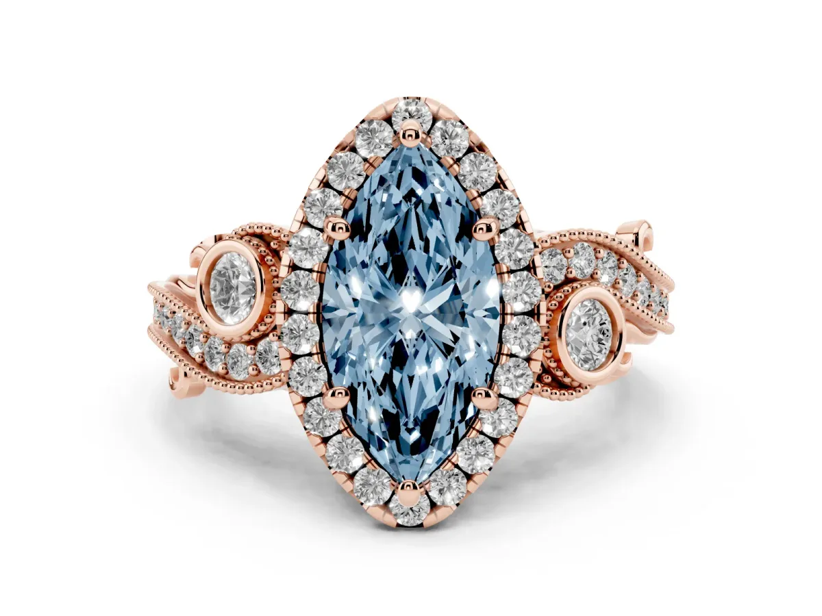 Fancy Blue Marquise Cut Halo Diamond Ring with Milgrain and Bezel Accents on a Split Shank Band Rose gold