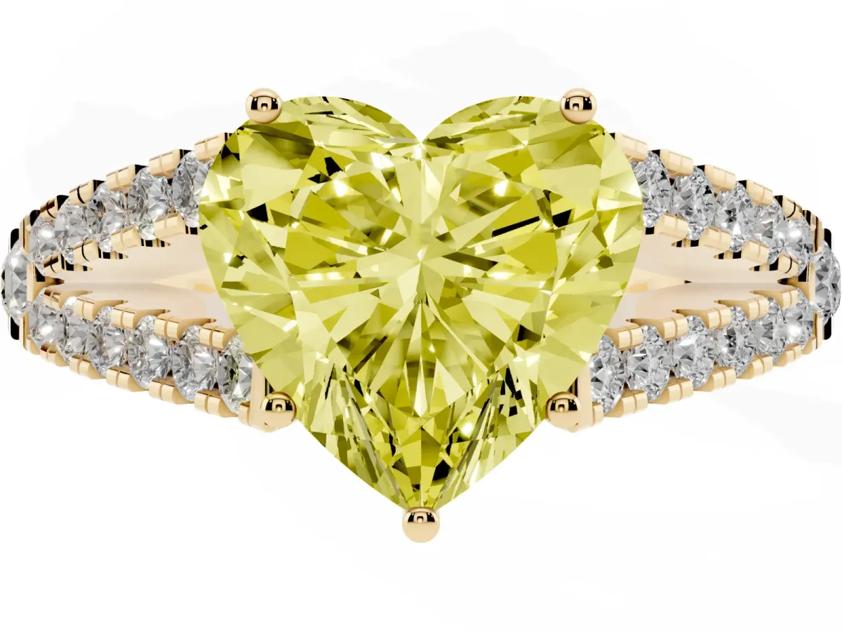 Fancy Yellow Heart Cut Diamond Split Shank Engagement Ring with Round Pavé and Prong Setting Yellow gold