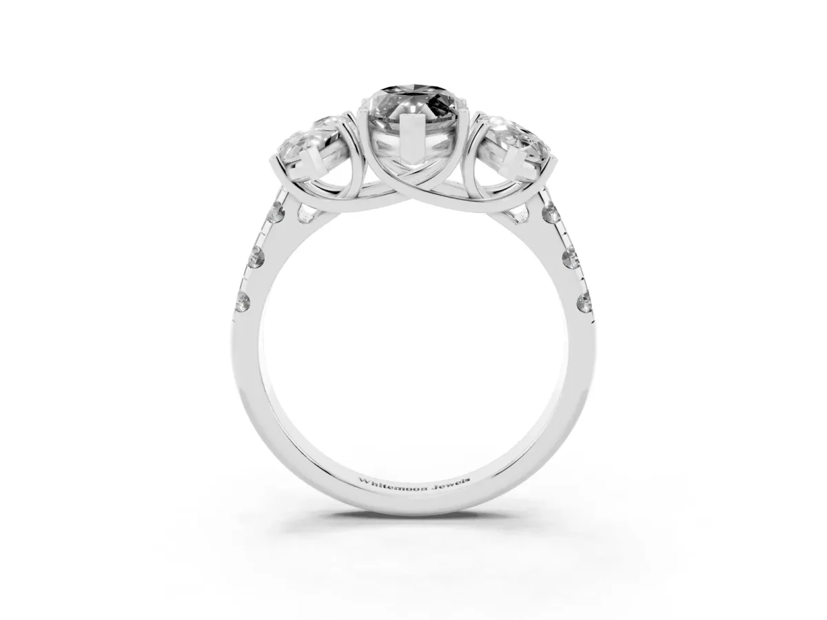 Fancy Black Three-Stone Marquise Cut Diamond Pavé Band with Prong Setting Silver