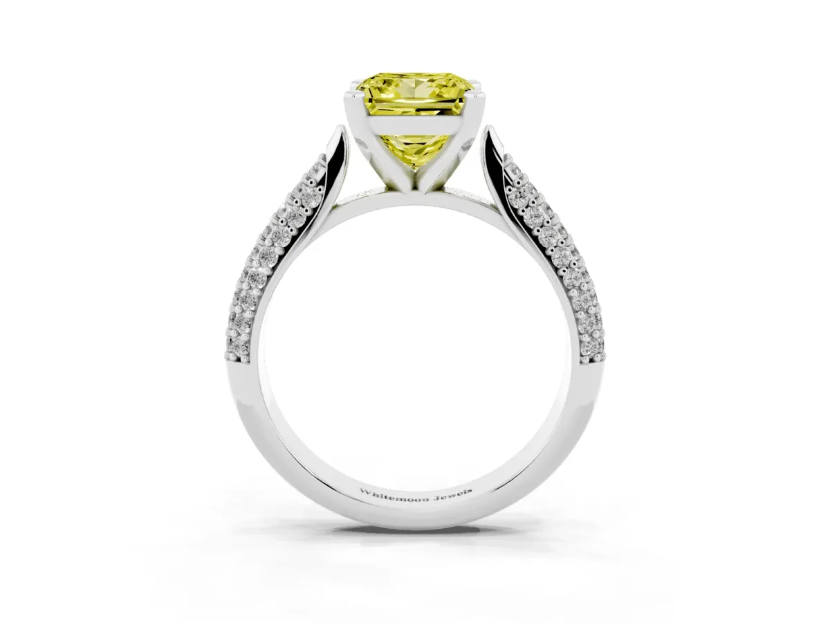 Fancy Yellow Princess Cut Diamond Solitaire Engagement Ring with Multi-Row Round Pavé Band and Prong Setting White gold