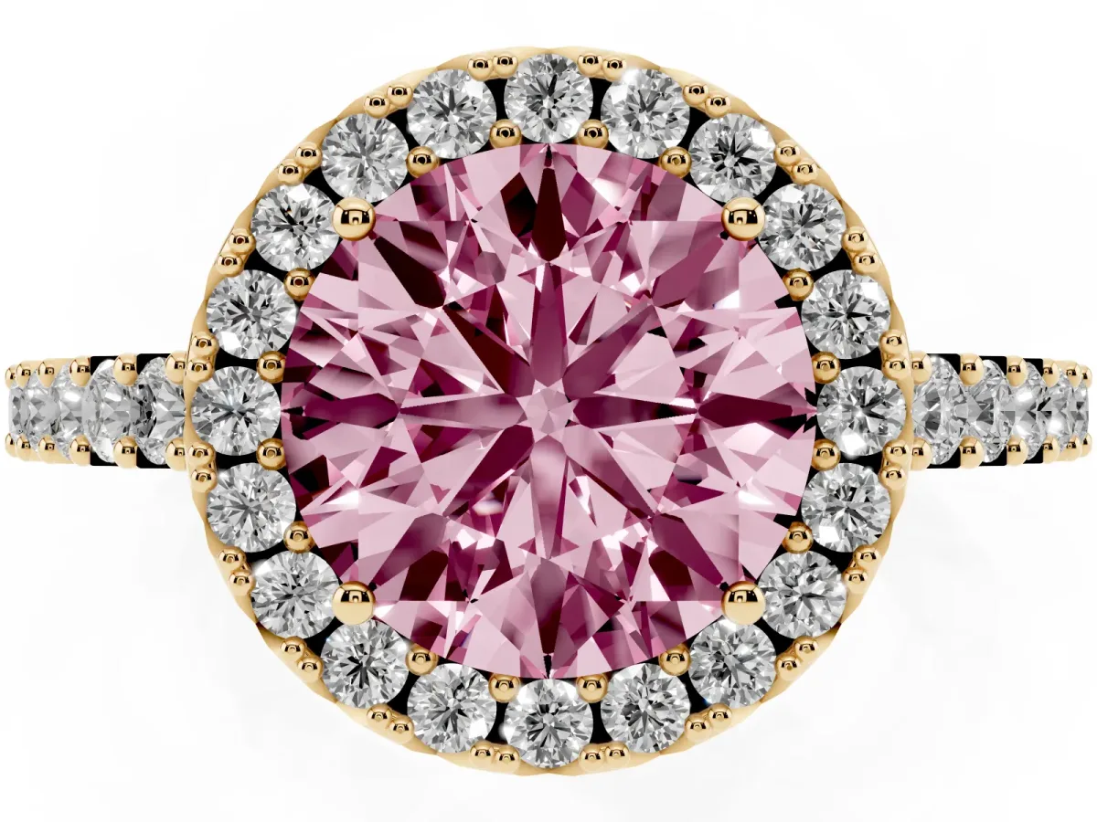 Fancy Pink Round Cut Halo Diamond Pavé Solitaire Ring Yellow gold