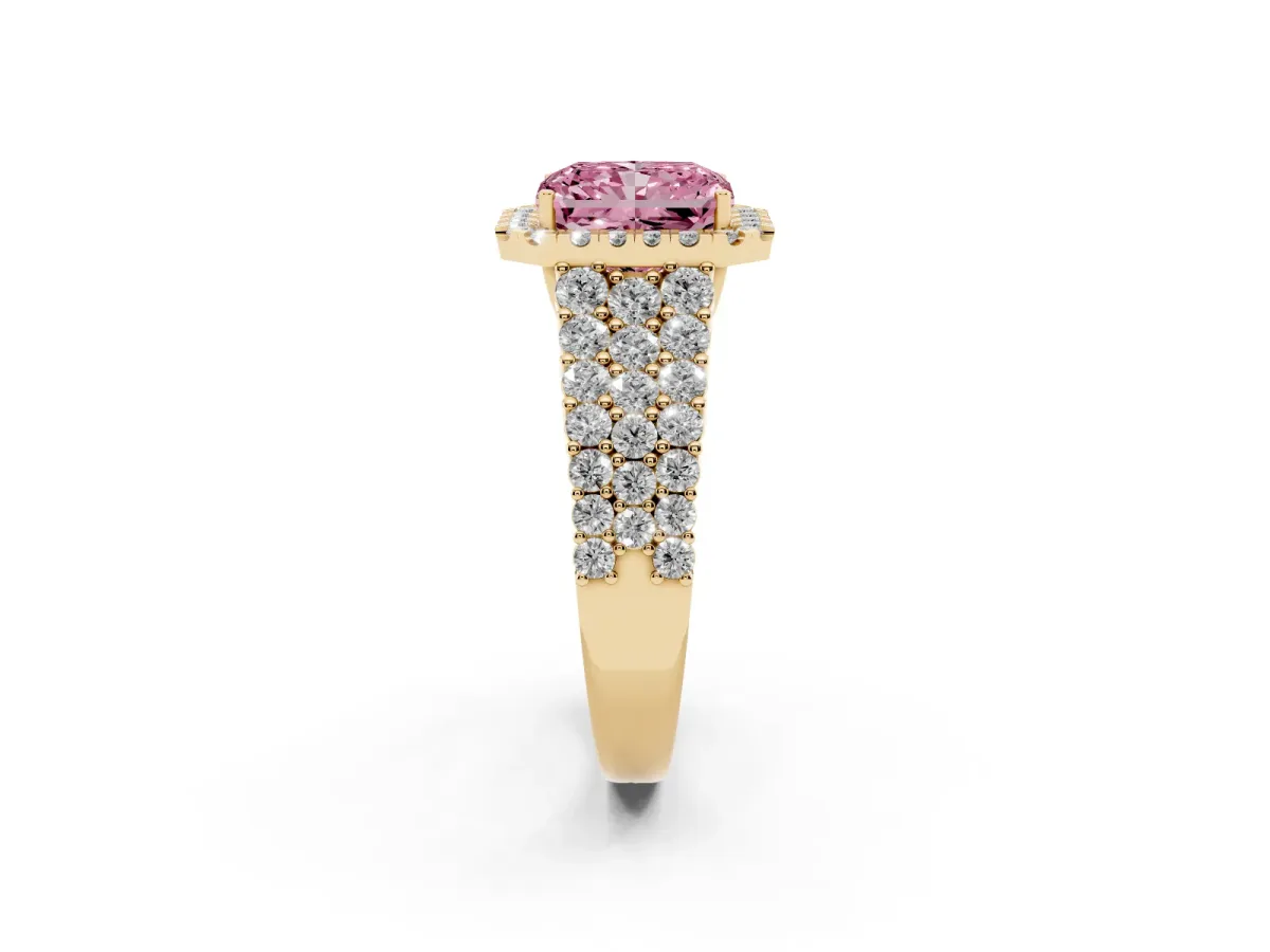 Fancy Pink Radiant Cut Diamond Halo Engagement Ring with Triple Row Round Pavé Band and Prong Setting Yellow gold
