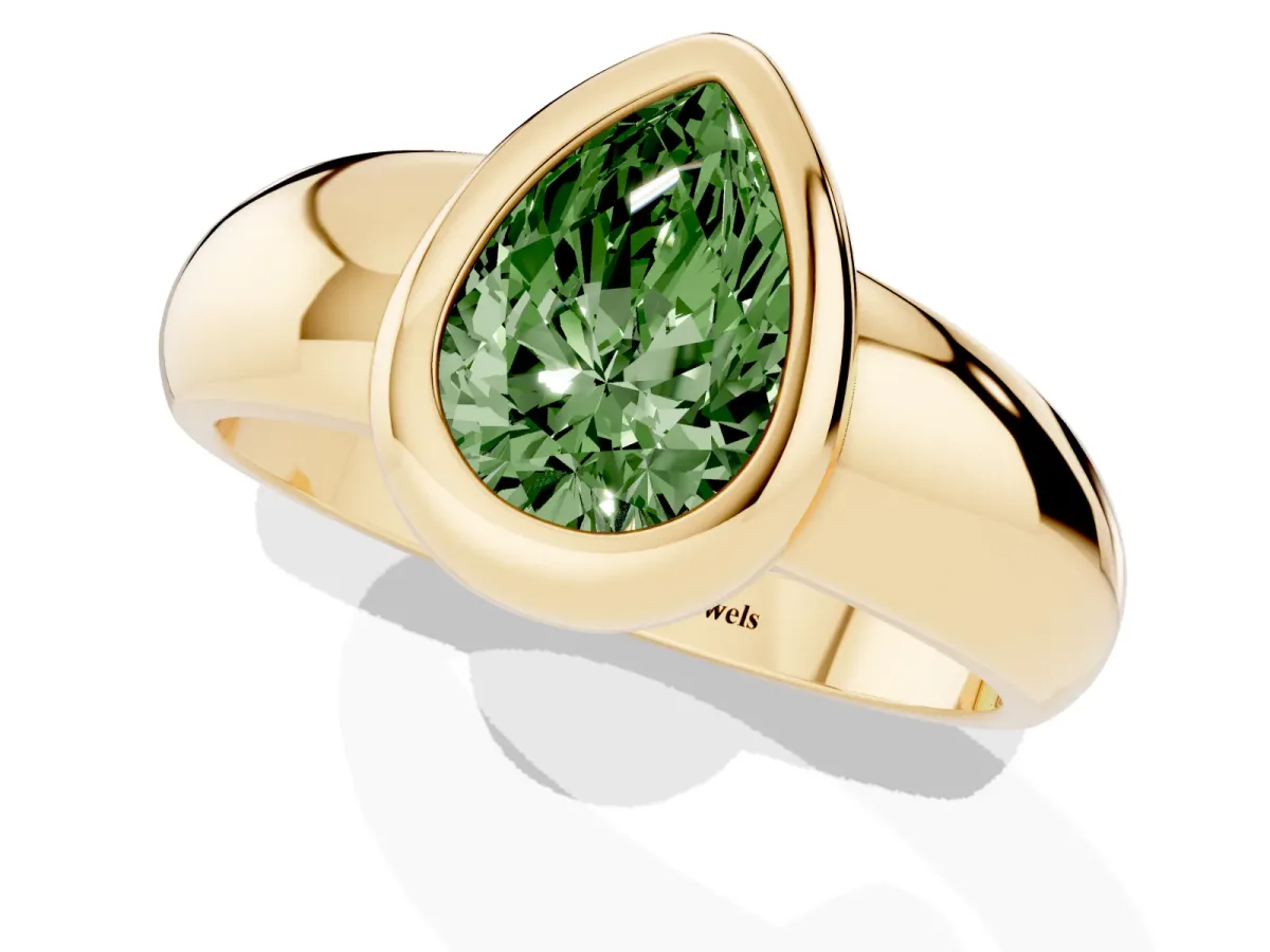 Fancy Green Bezel Set Pear Cut Solitaire Ring with Wide Band Yellow gold