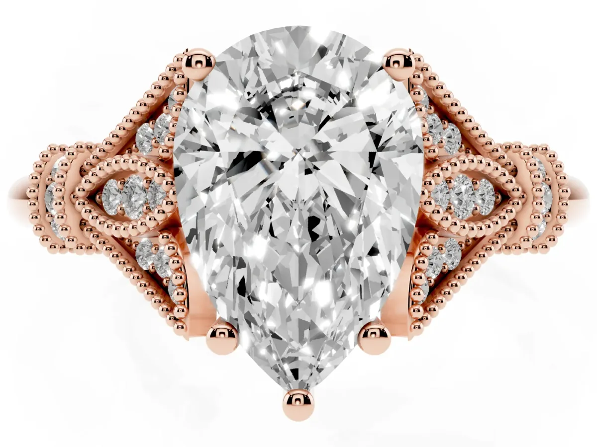 Pear Cut Diamond Solitaire Ring with Floral Filigree and Pave Accents Rose gold