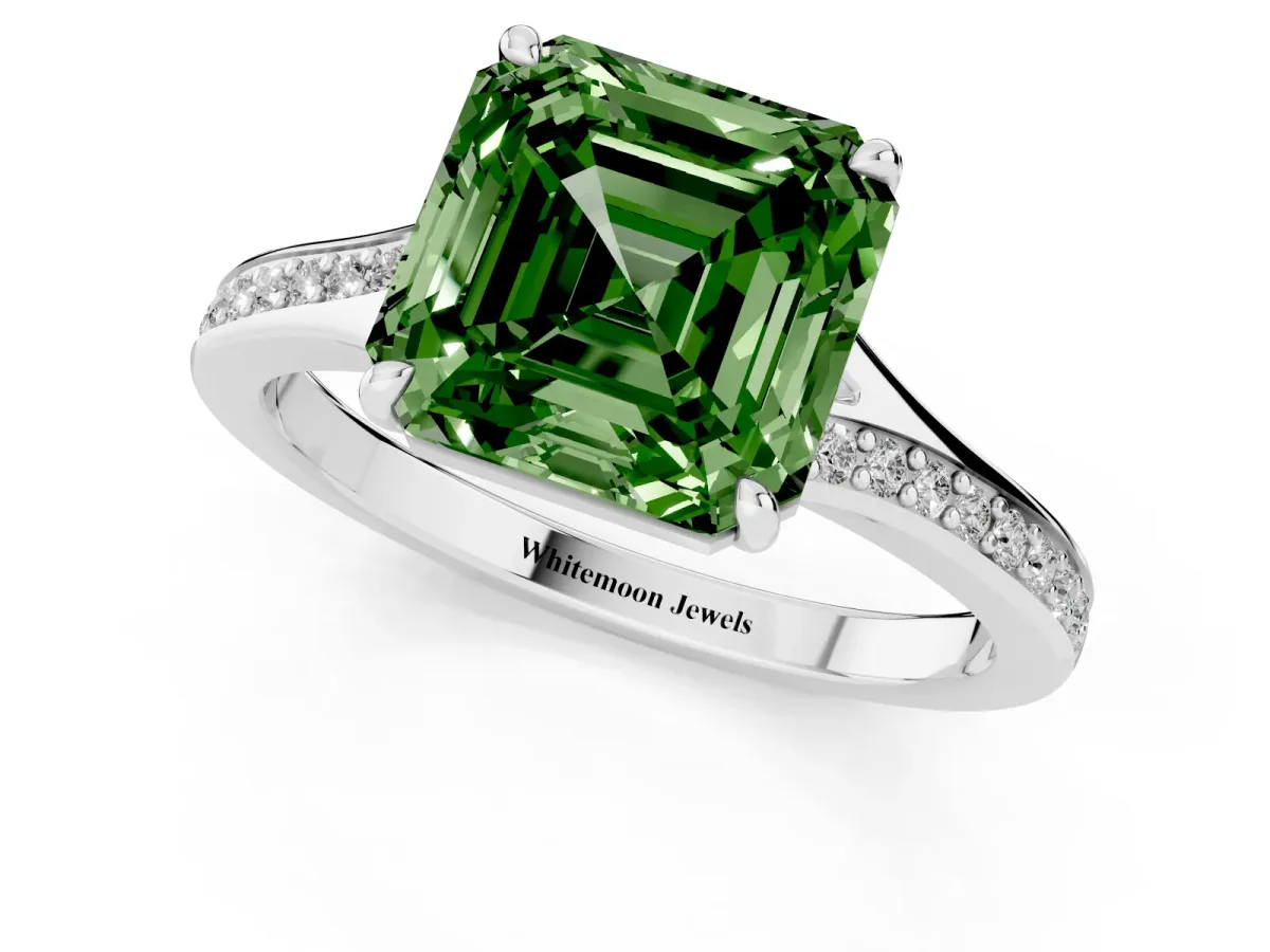 Fancy Green Asscher Cut Diamond Solitaire Ring with Pavé Band and Prong Setting Silver