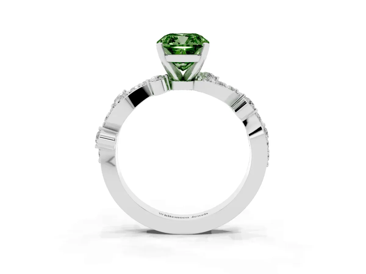 Fancy Green Cushion Cut Cut Solitaire Diamond Twisted Band with Pave Setting Silver