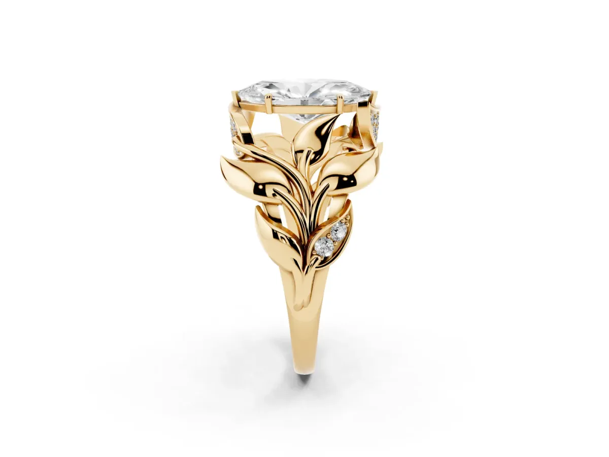 Marquise Cut Diamond Leaf-Inspired Engagement Ring with Round Accents and Prong Setting Yellow gold